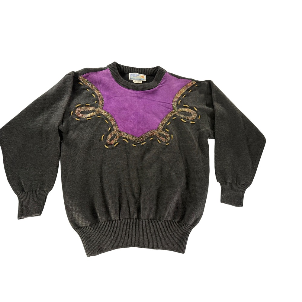 Vintage Pioneer Wear 80s Black Sweater Purple Leather Applique Western Large